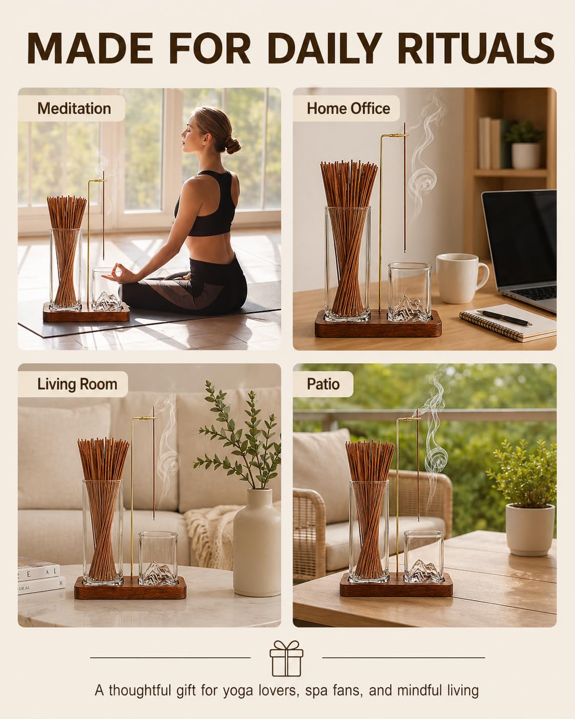 Incense Holder for Sticks, 2 in 1 Glass Incense Burner with Storage, Solid Sapele Wood Base, Removable Mountain Ash Catcher, Vertical Windproof Stand for Outdoor, Meditation (Dark Walnut)