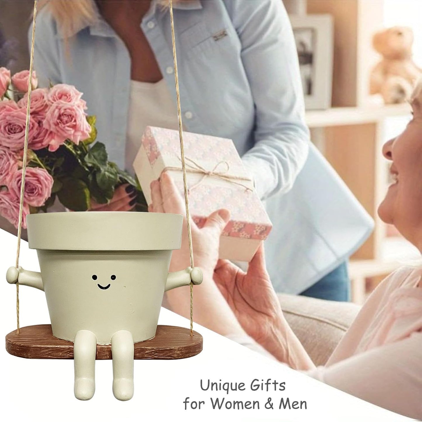 Swing Smily Face Planter Pot - Indoor Outdoor Flower Head Hanging Planters, Swinging Smiley Plant Pots with Drainage Hole,for Succulent/String of Pearls Plant Live Pot Gift Ideas for Mother, Christmas