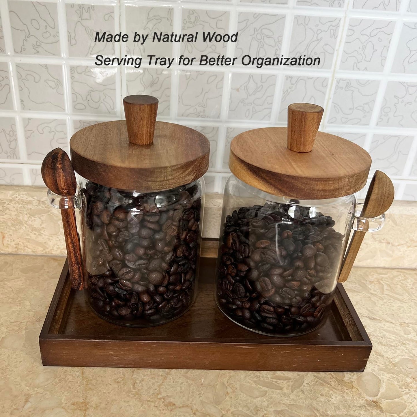 BEECO GIF2U Glass Jars with Brown Wooden Lids and Scoops 20oz 2Pack with Tray, Airtight Food Storage Containers with Tray for Sugar Coffee Bean Candy Spice