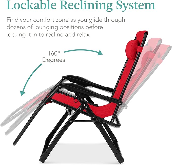 Best Choice Products Oversized Zero Gravity Chair, Folding Outdoor Patio Recliner, XL Anti Gravity Lounger w/Removable Cushion, Cup Holder, Side Tray, 350lb Capacity - Crimson Red