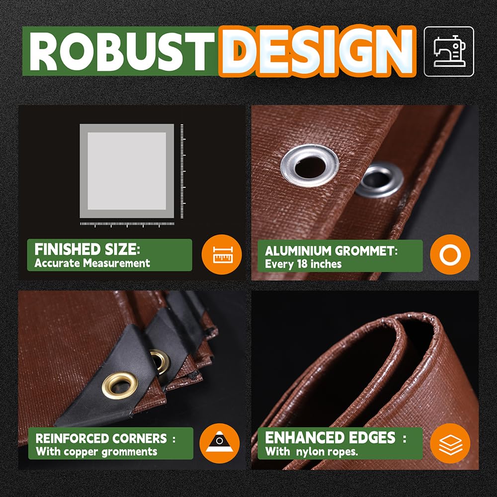 RAINDEWAY 20x40 Feet Super Heavy Duty 18 Mil Brown Poly Tarp Cover, UV Resistant, Weatherproof, Multipurpose Waterproof Poly Tarp with Grommets and Reinforced Edges