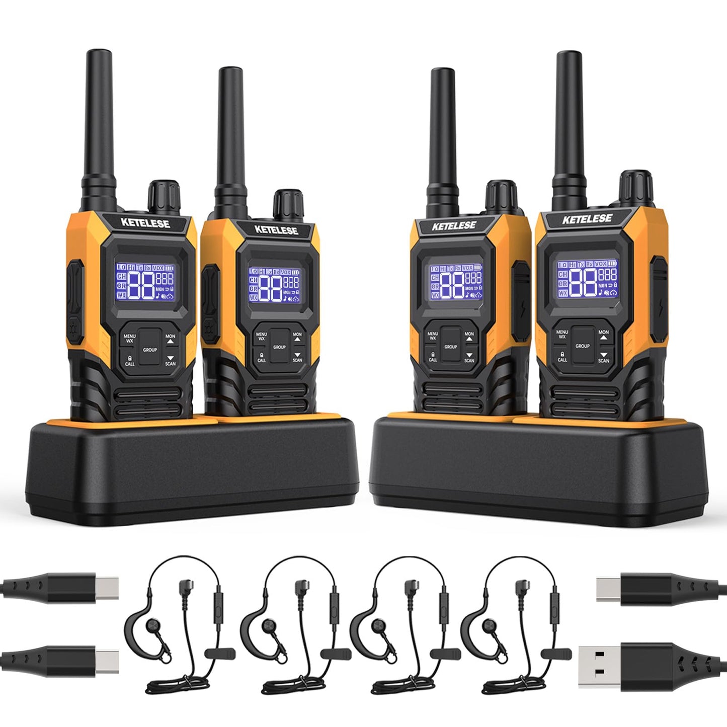 KETELESE T4 Long Range Walkie Talkies, Portable Two Way Radios IP67 Waterproof, with Earpiece, NOAA&Weather Alert, PTT, Group, VOX, 4Pack, Orange