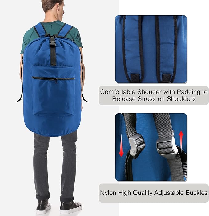 BeeGreen Laundry-Bag-Backpack-Heavy-Duty, Royal Blue Nylon Drawstring Portable