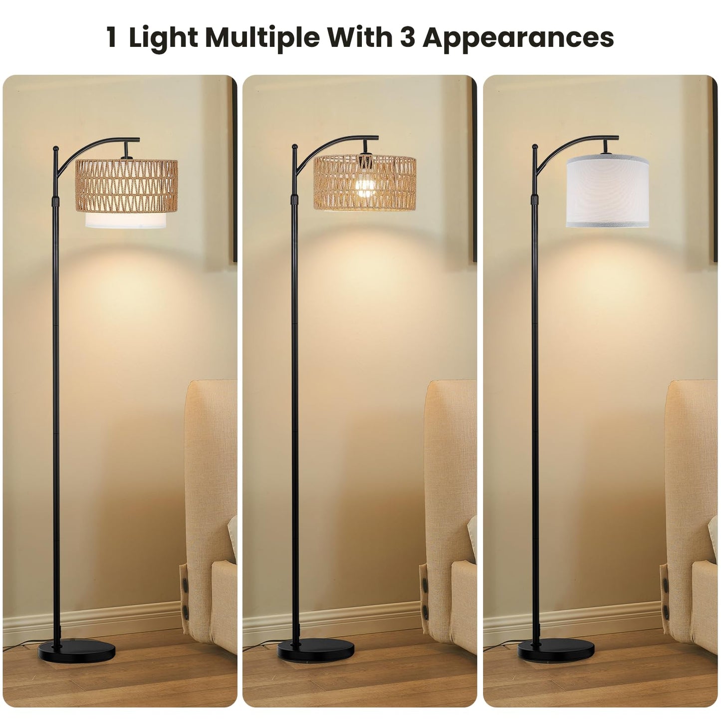 Yusist Arc Floor Lamp for Living Room,Farmhouse Floor Lamps with Remote Control & Dimmable Bulb,Rattan Boho Tall Standing Lamp for Bedroom Office
