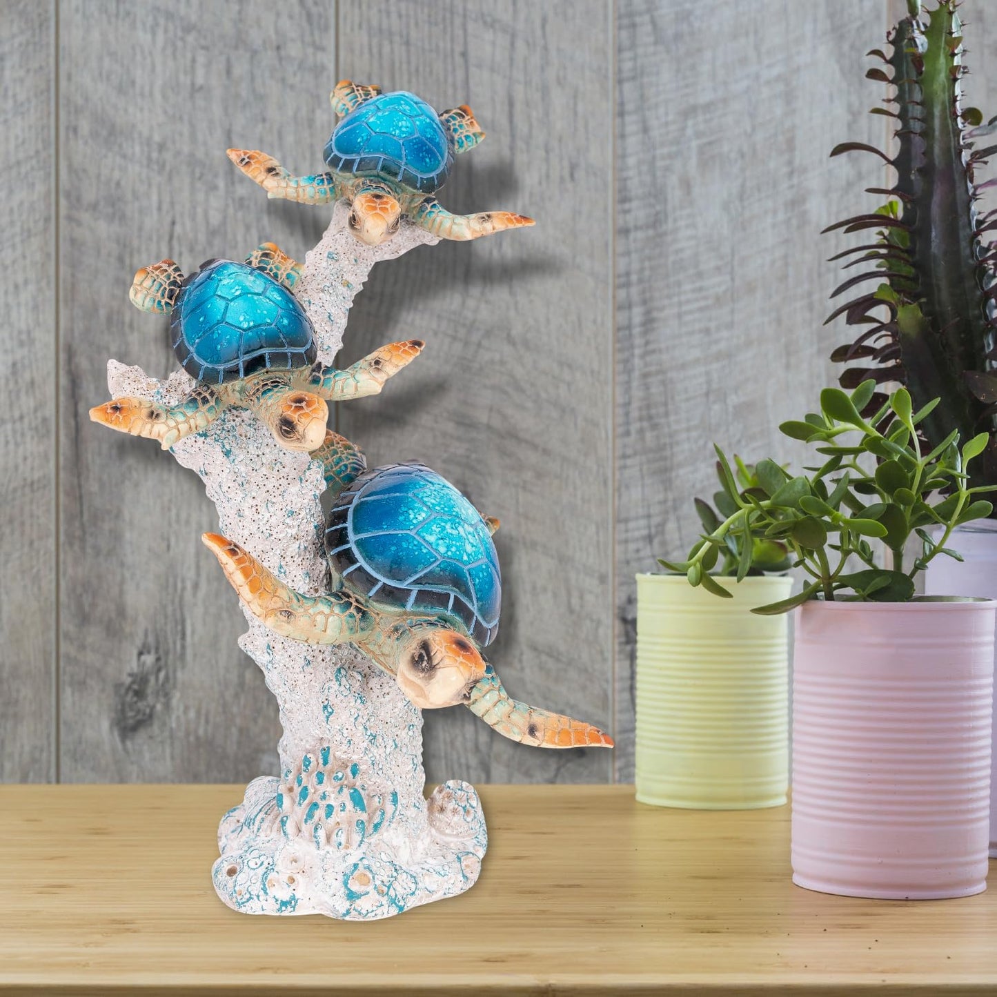 Corner Merchant Sea Turtle Statue Triple Turtles Swimming on Coral Reef Base – Ocean-Inspired Polystone Figurine for Coastal, Beach & Nautical Home Decor – Tabletop Accent Sculpture (Blue, 9.5”)