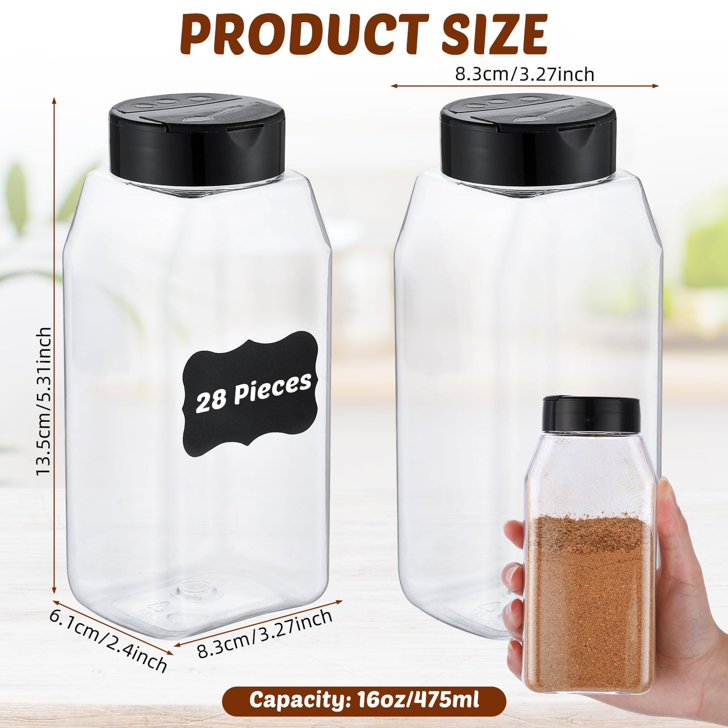 Mifoci 28 Pack 16 oz Plastic Spice Jars with Cap Square Plastic Bottle Containers with Shaker Lids and Stickers Large Seasoning Shaker Empty Powder Storage Container for Storing Salt Herbs (Black)