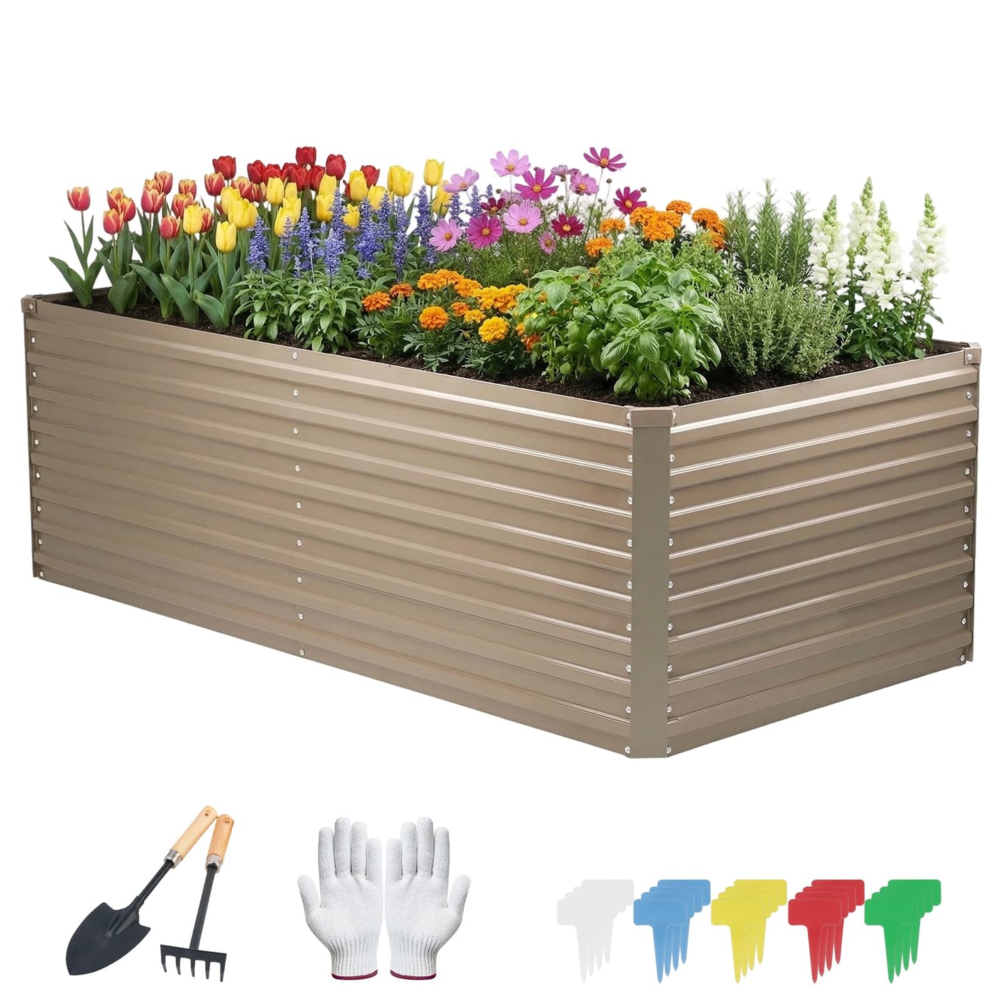DTIG Galvanized Raised Garden Bed for Vegetables Flowers Herbs, Tall Metal Raised Garden Bed Kit with Garden Tools, Gloves, Plant Labels, Brown 6×3×2FT