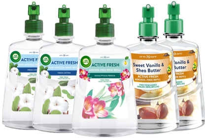 Air Wick Aerosol-Free Automatic Air Freshener Spray | 24x7 Active Fresh Odour Neutraliser | Lasts Up to 3x70 Days (5 Refills, Sweet Vanilla & Shea Butter x2, Fresh Cotton x2 & Eucalyptus & Freesia x1)