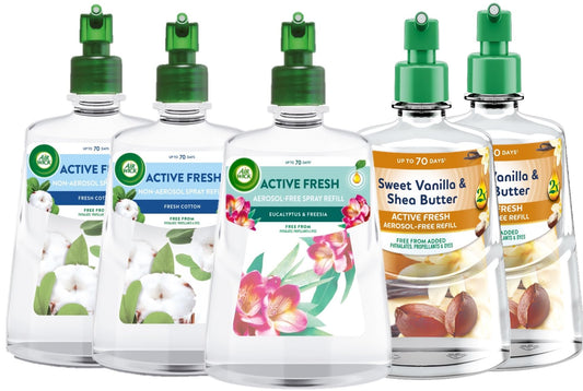 Air Wick Aerosol-Free Automatic Air Freshener Spray | 24x7 Active Fresh Odour Neutraliser | Lasts Up to 3x70 Days (5 Refills, Sweet Vanilla & Shea Butter x2, Fresh Cotton x2 & Eucalyptus & Freesia x1)