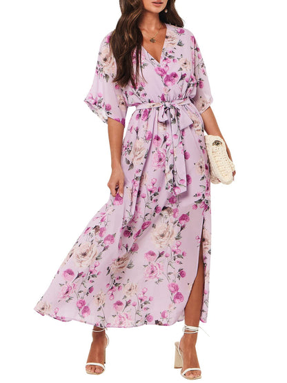 ANRABESS Womens 1/2 Sleeve Beach Wedding Guest Maxi Dresses 2025 Fall Wrap V Neck Boho Floral Flowy Slit Long Summer Dresses
