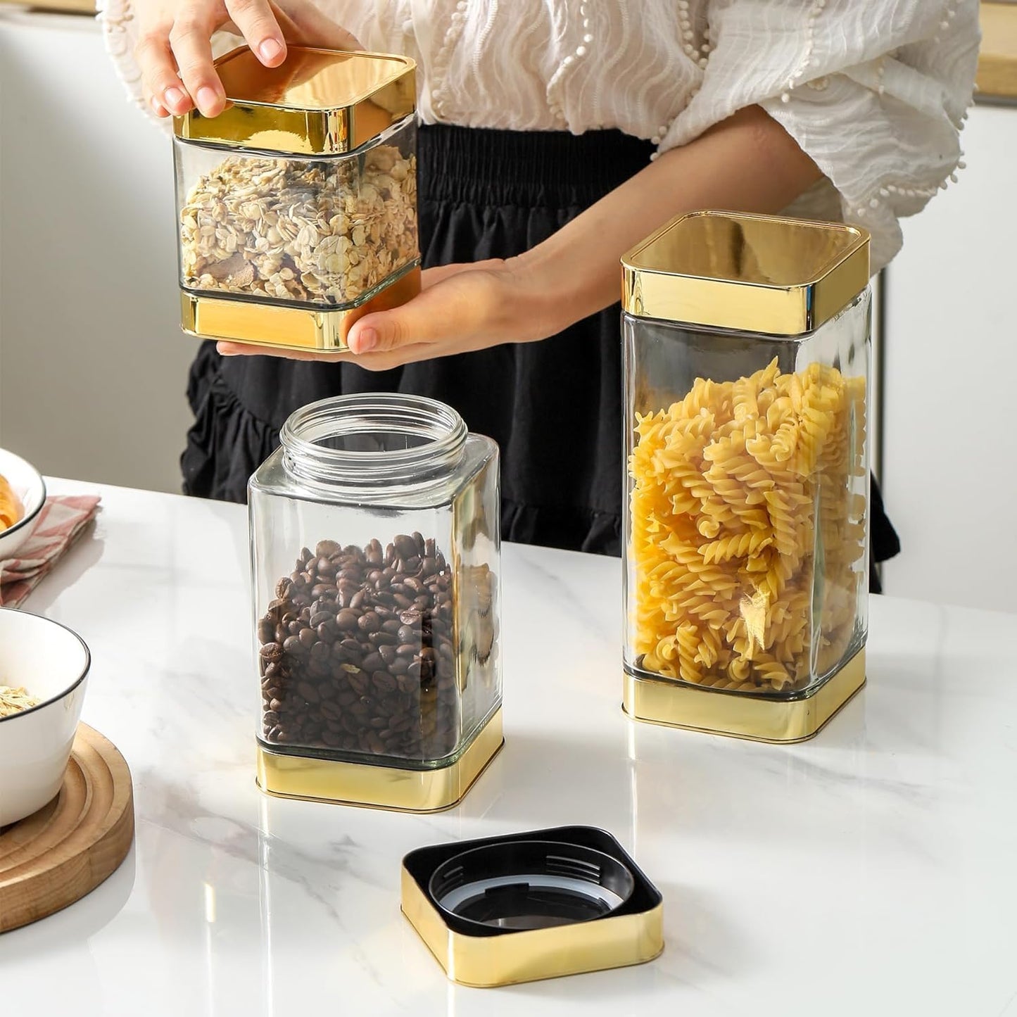 BETTWILL Glass Storage Jars-Large Kitchen Glass Canisters with Airtight Lids -Coffee Pasta Sugar Tea Snack Nuts Cookie Flour Food Container - Set of 3…