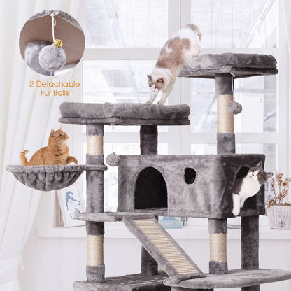 JISSBON Cat Tree Tower 178cm, Multi-Level Cat Scratching Post with Condos, Ladders, Basket, Hammock & Plush Perches for Kittens, Large Cats, Light Grey