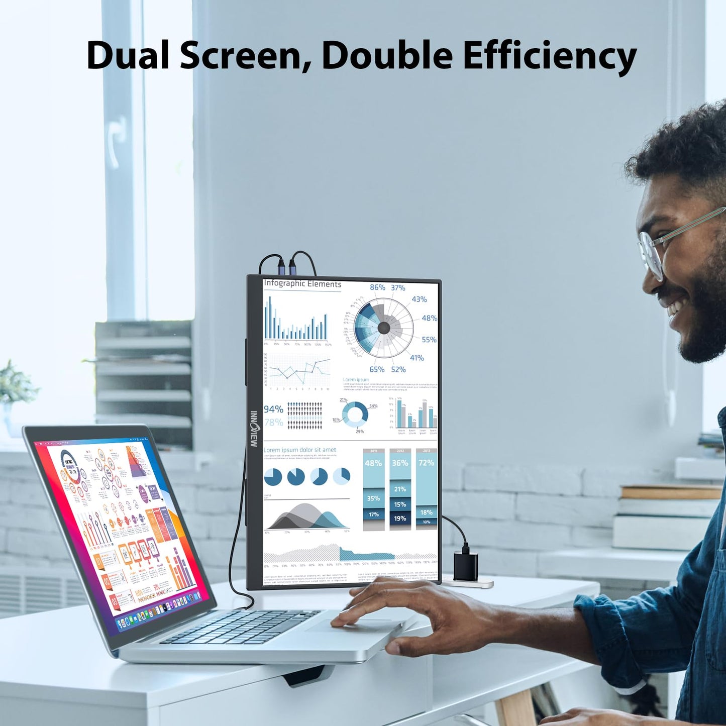 InnoView 23.8" Large Portable Monitor, FHD 144HZ 100% SRGB IPS USB-C HDMI Work Home Gaming Second Monitor 1080P W/180°Adjustable Stand for Laptop, MacBook, Phones