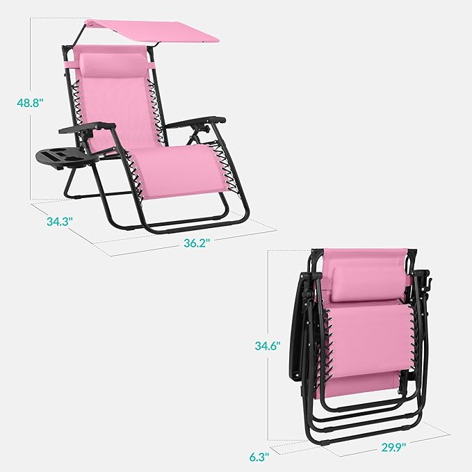 Best Choice Products 30” Wide Folding Zero Gravity Outdoor Recliner Patio Lounge Chair w/Adjustable Canopy Shade, Headrest, Side Accessory Tray - Carnation