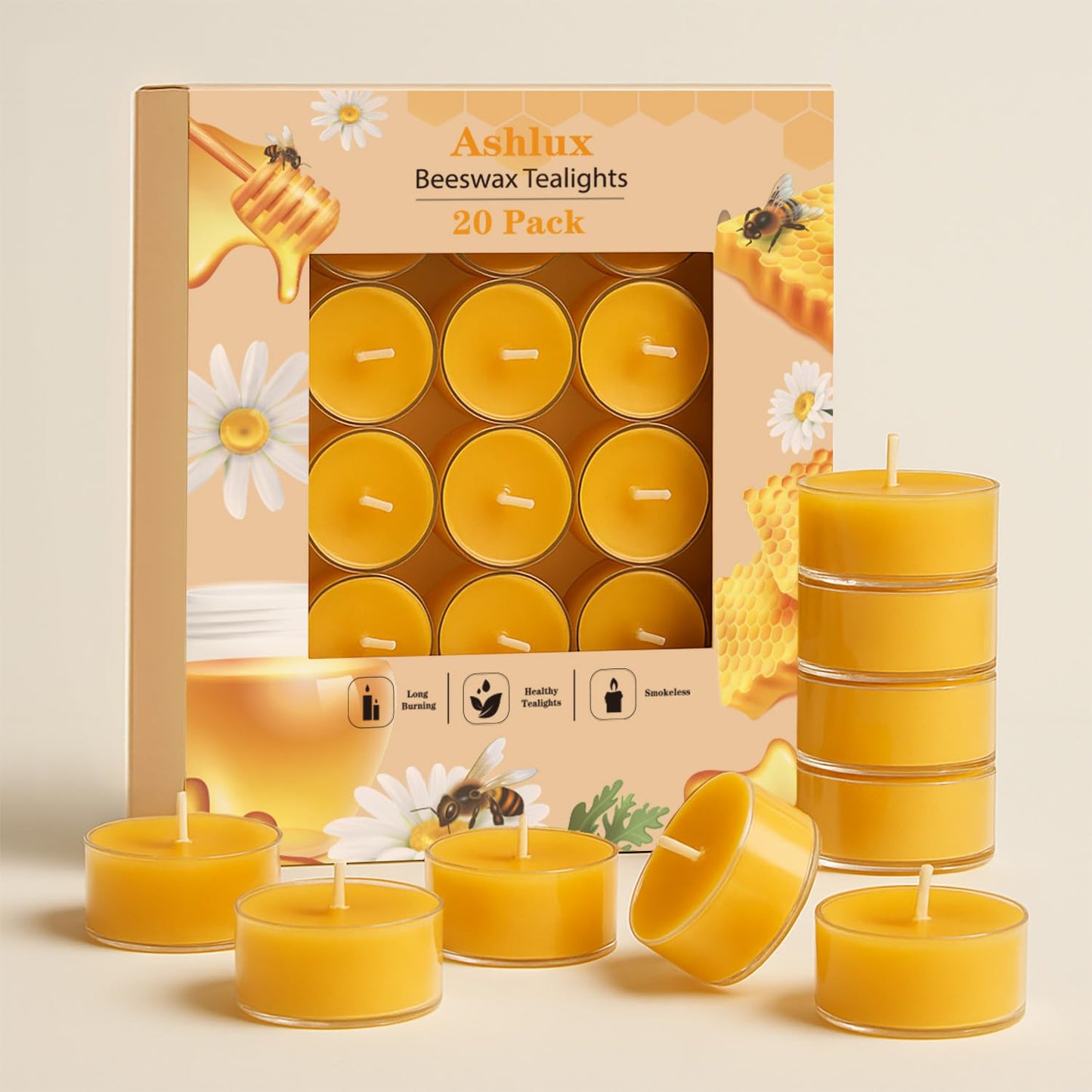 Ashlux Unscented Beeswax Tea Lights Candles 20 Pack, 4 Hours Long Burning Handmade Yellow Tealight Candles, Clear Acrylic Cup Smokeless Candles for Wedding, Christmas, Centerpiece & Home Decor