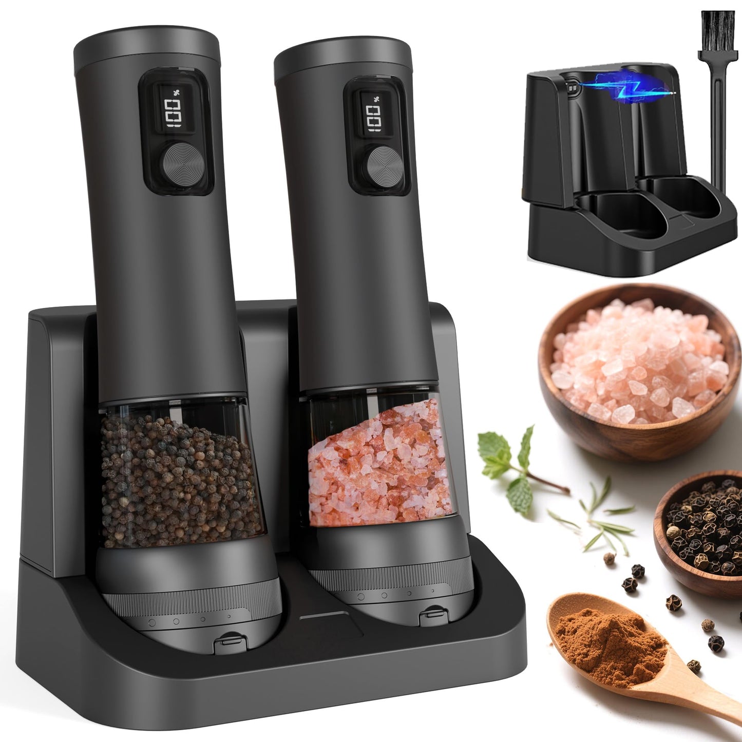 Veiliss Electric Salt and Pepper Grinder Set, Battery Display Rechargeable Base, External 5 Adjustable Coarseness, Stainless Steel Frosted Finish Automatic Mill with LED Light