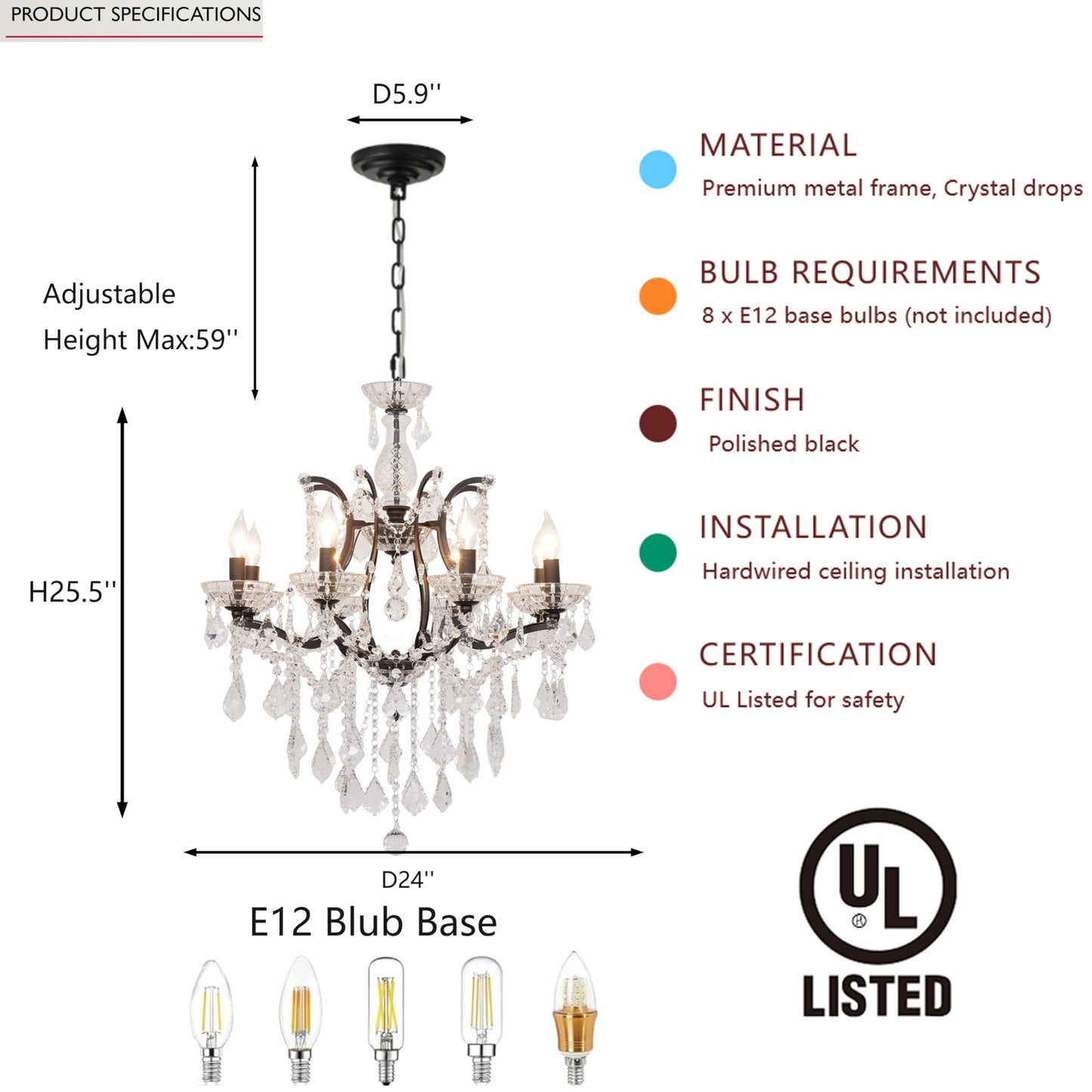 CHGUOSZ 8-Light Crystal Chandelier Black Finish Modern Luxury Antique Flush Mount Chandelier with Crystal Drops Prisms Beads, Elegant Dining Room Living Room Entryway Foyer Ceiling Light Fixture