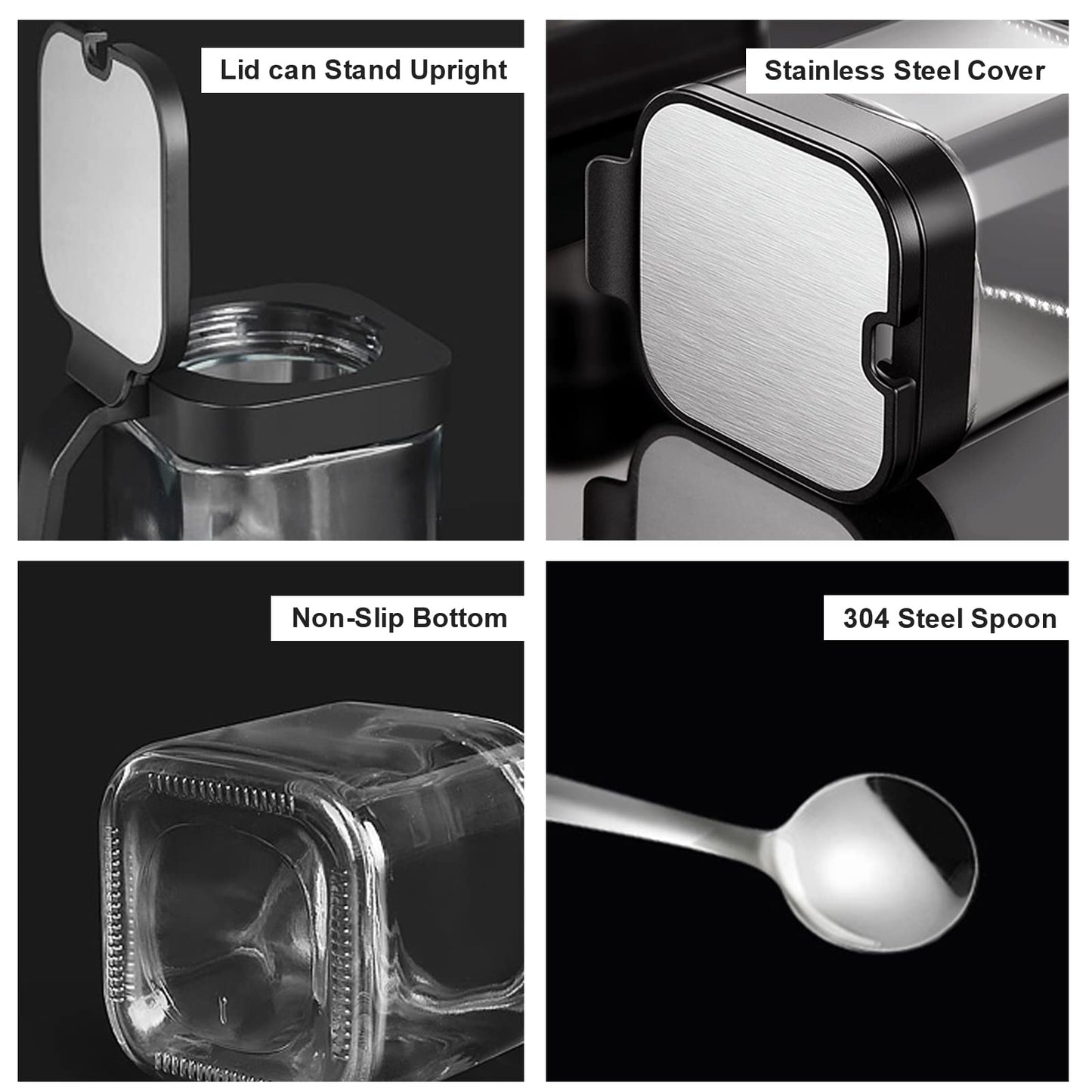 Clear Glass Condiment Canisters Pots, 8 oz Condiment Jar Spice Container with 304 Stainless Steel Lids and Spoons, Glass Seasoning Box Set of 3 Spice Jars Salt Container Sugar Bowl for Kitchen(Black)