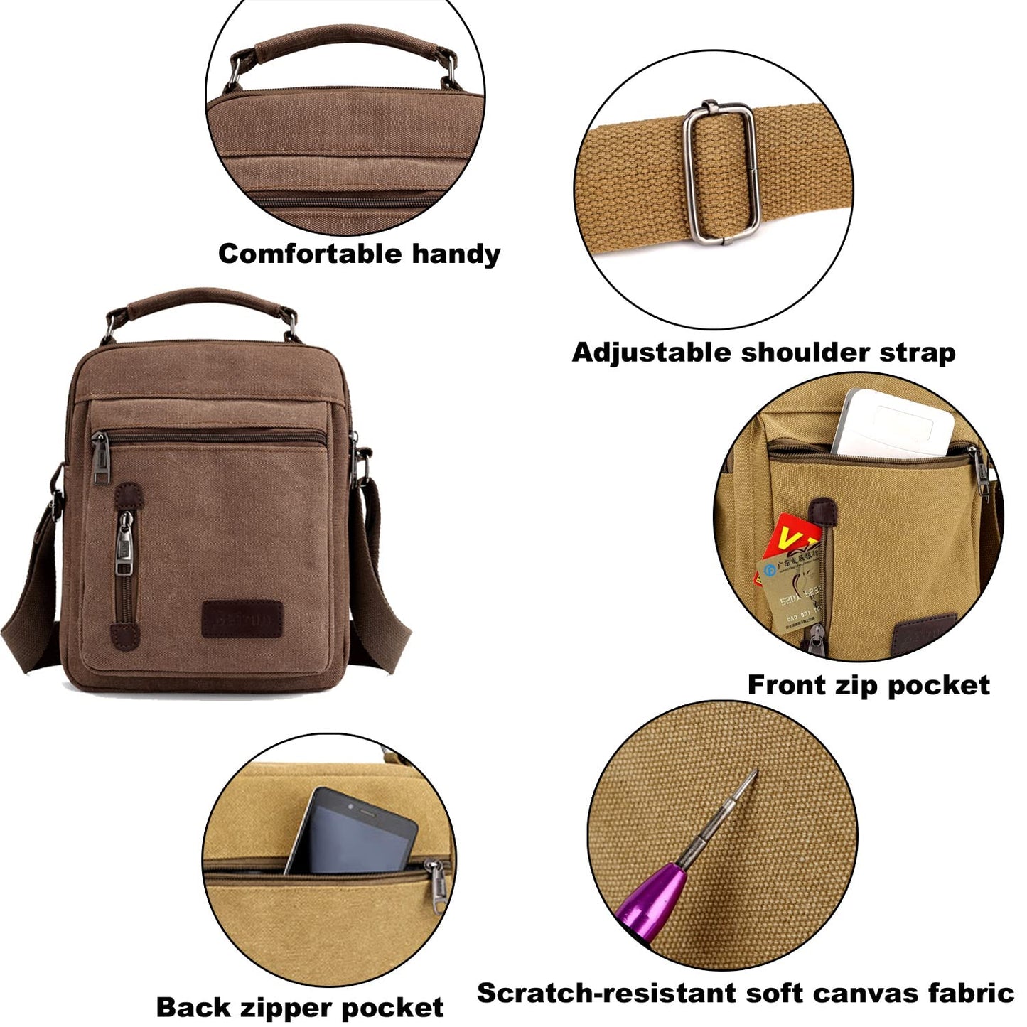 A-QMZL Mens Shoulder Bag Canvas Messenger Bags Travel Crossbody Bag Large Capacity Casual Handbag with Multiple Pockets for Working Shopping Hiking Daily Use (Brown)