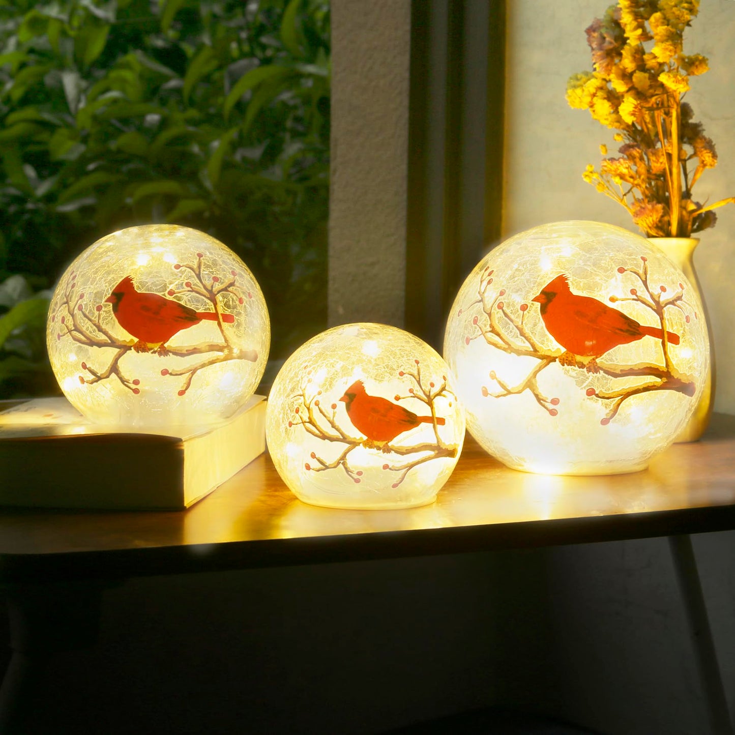 Kaowod Crackle Glass Ball Cardinal Lamp with Timer, Light Up Red Cardinal Stained Glass Christmas Decor Accent Lamp, Lighted Red Bird Globe Table Light, Orb Night Light, Led Sphere Desk Lamp
