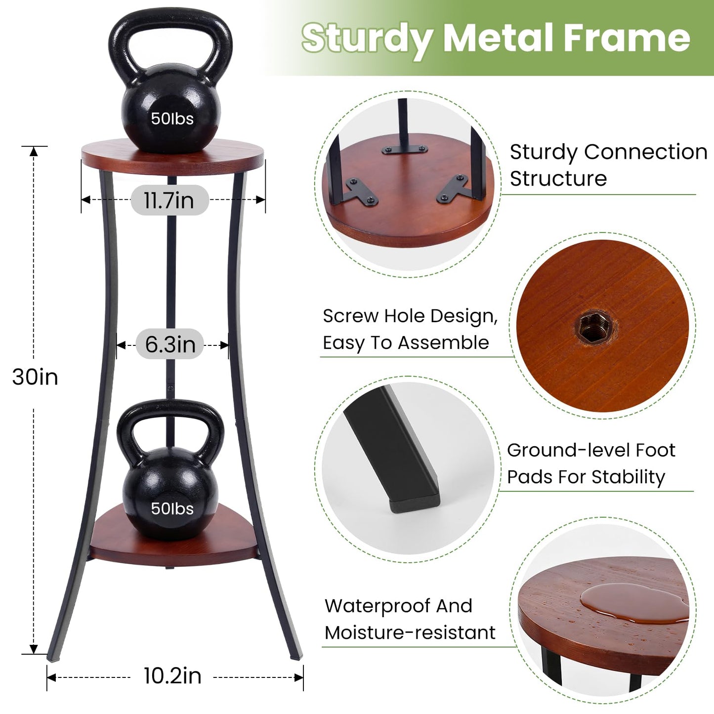 Yedcxup Tall Plant Stand Indoor, 2-Tier Wooden Corner Plant Shelf with Walnut Panel & Black Metal Frame, Easy Assembly No Misalignment, Waterproof for Indoor/Outdoor Use in Living Room, Balcony, Patio
