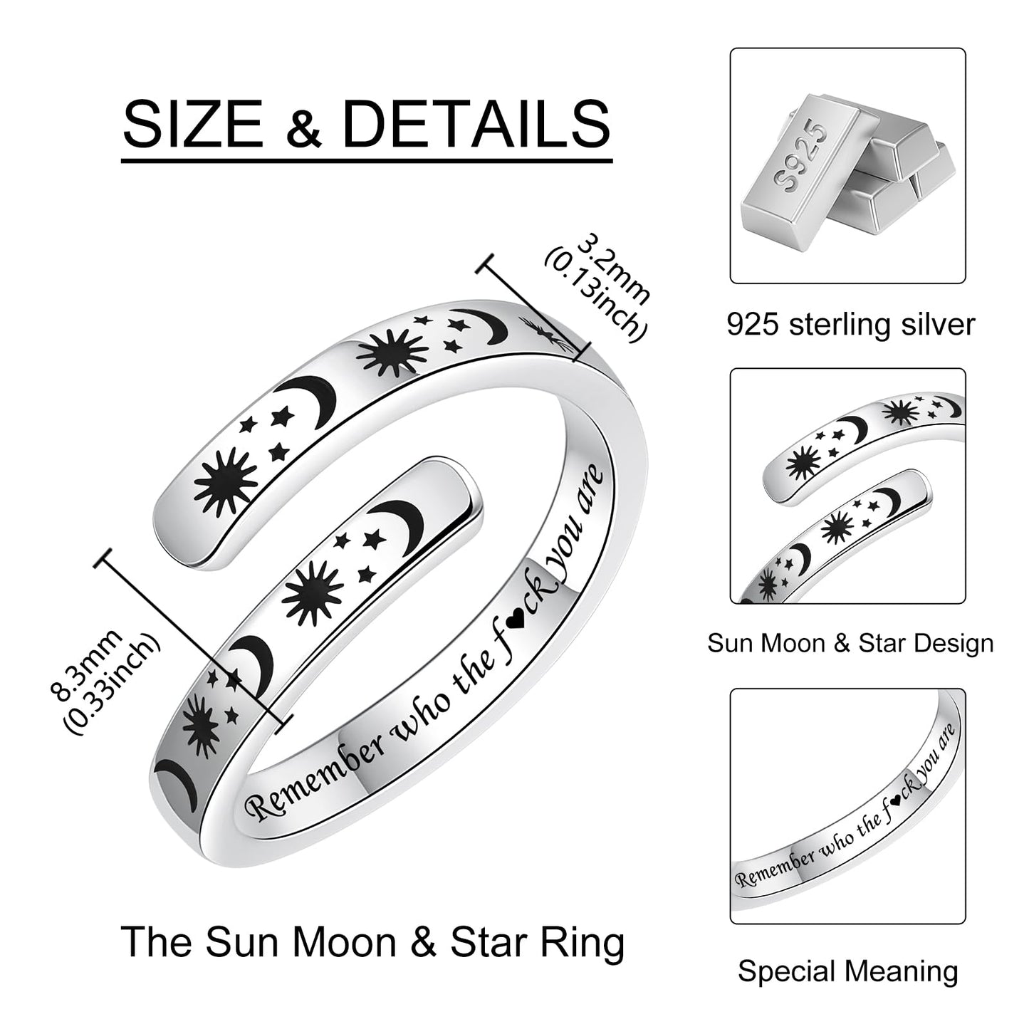 925 Sterling Silver Inspirational Jewelry Adjustable Wrap Open Ring Encouragement Gift for Women (Sun & Moon - Remember who the f♡ck you are)