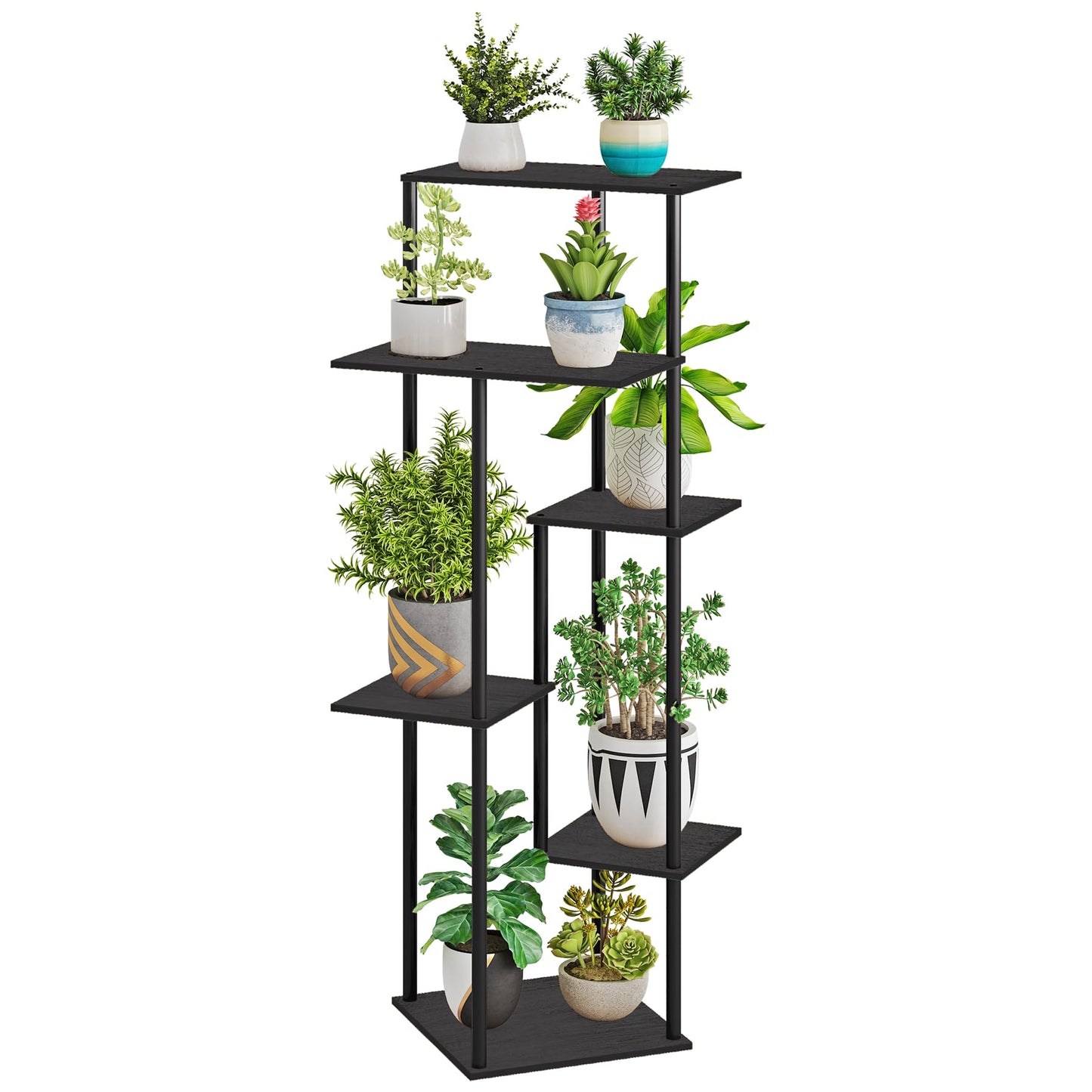 HAYOFAMY 6 Tier Plant Stand Indoor, Tall Plant Shelf Metal Wood Multiple, Flower Pot Holder for Living Room Office Balcony Patio, Black