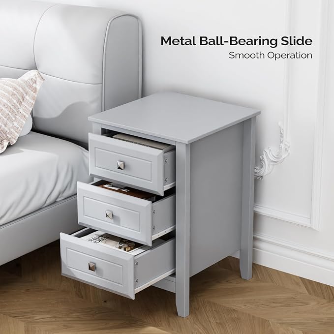 Bonnlo Gray Nightstand with 3 Drawers, Modern Night Stand