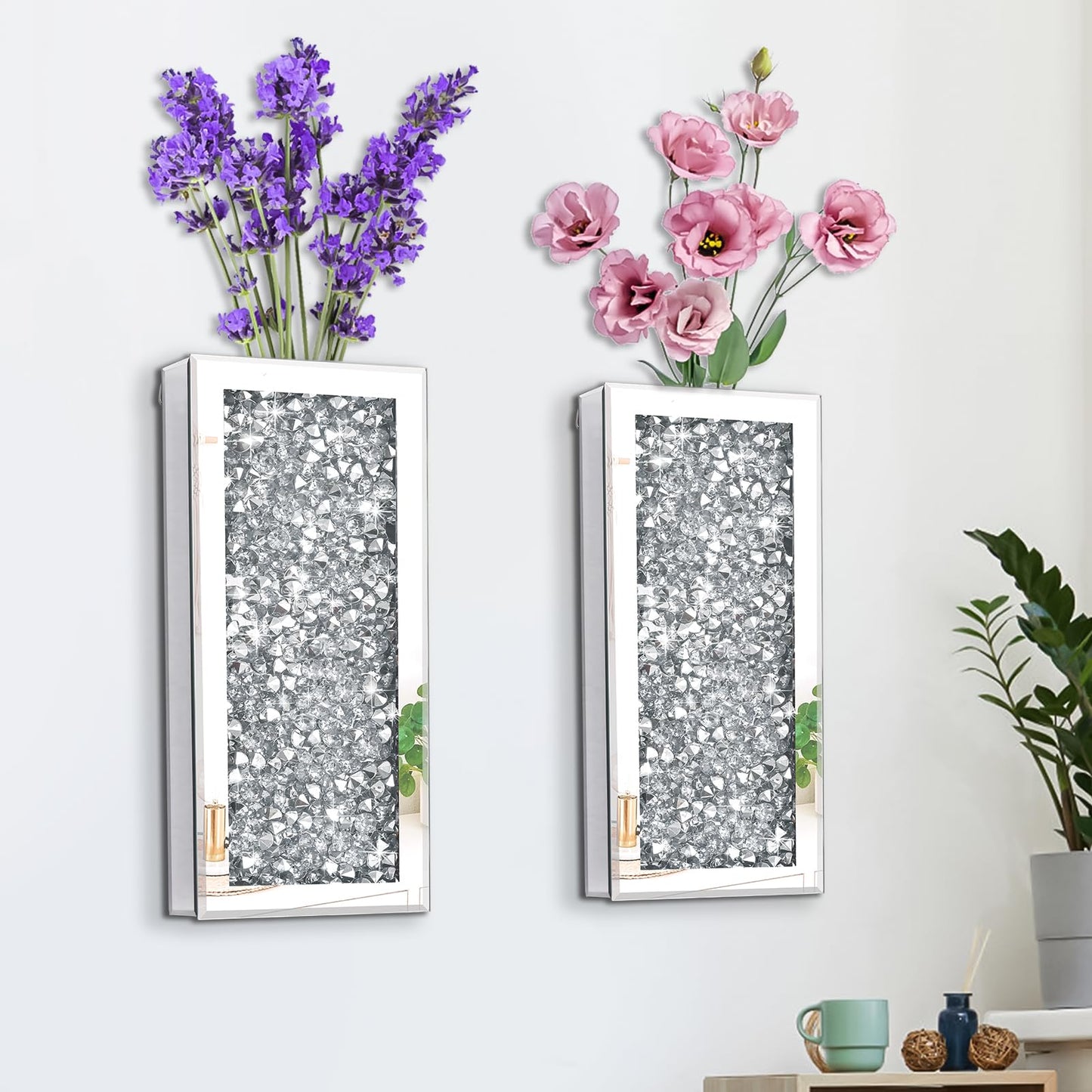 Azonsdop Silver wall Decor Mirrored Vase Set of 3,Crystal Crush Diamond Flower Vase,Stunning Decorative Glass Hanging Planter & Container for Home Wall Decor Befit for Faux Plants Can't Hold Water