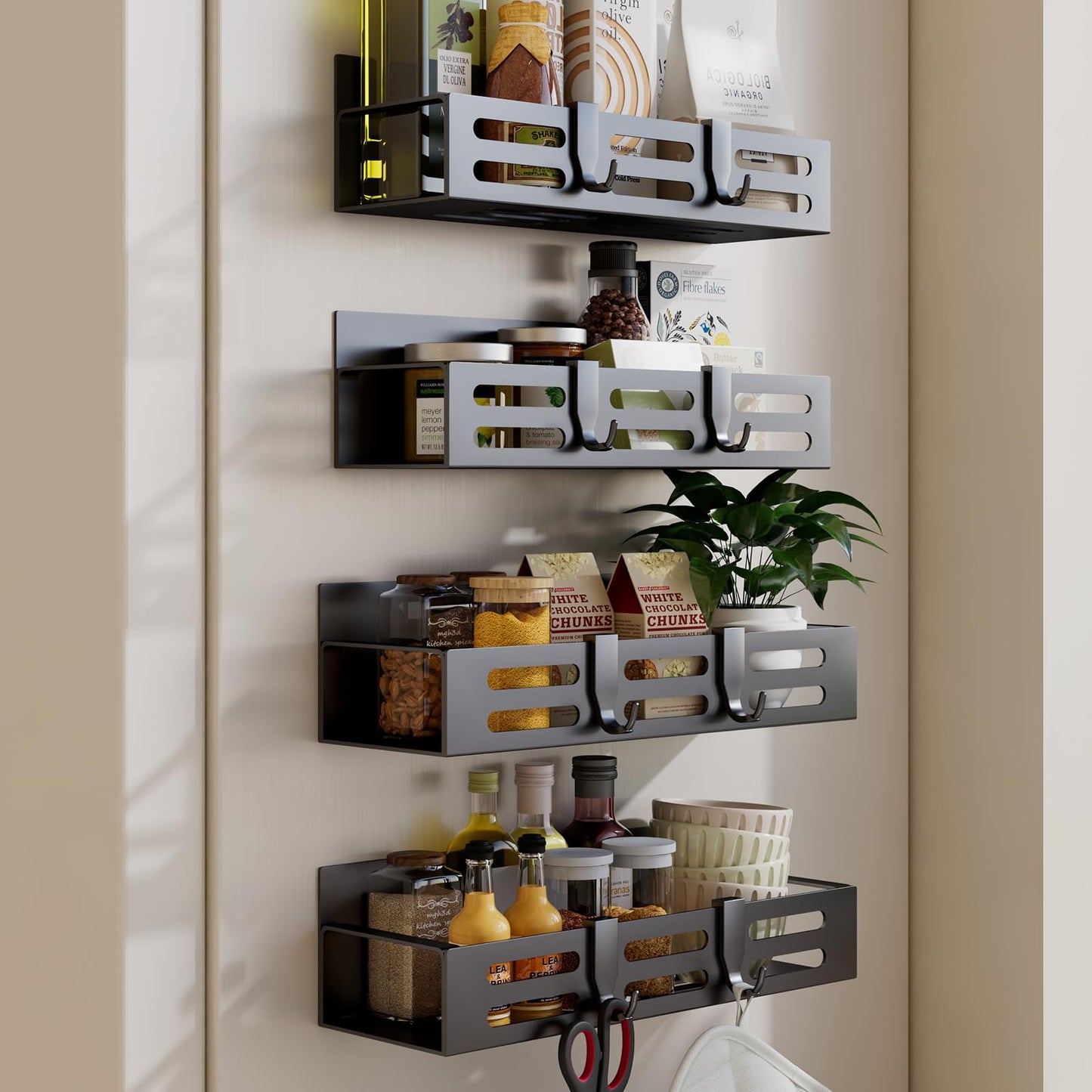 SETBAOO 4 Pack Magnetic Spice Rack for Refrigerator, Black Magnetic Shelf and Fridge Kitchen Storage Cabinet Organizers Seasoning Organization Mini Shelves, Organizadores de Cocina