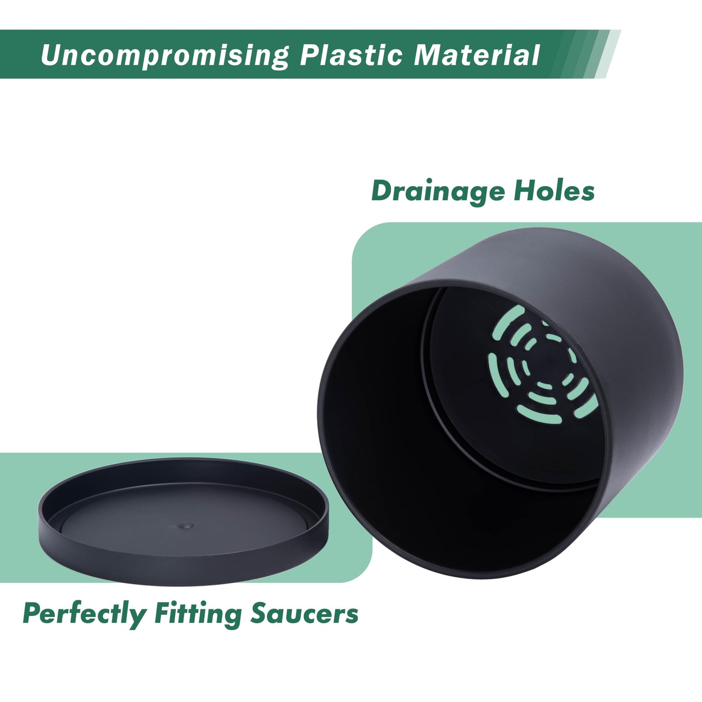 D'vine Dev 2 Pack 10 Inch Modern Plastic Plant Pots, Cylindrical Garden Planters for Plants with Drainage Holes and Saucers, Black, 74-Y-N-1