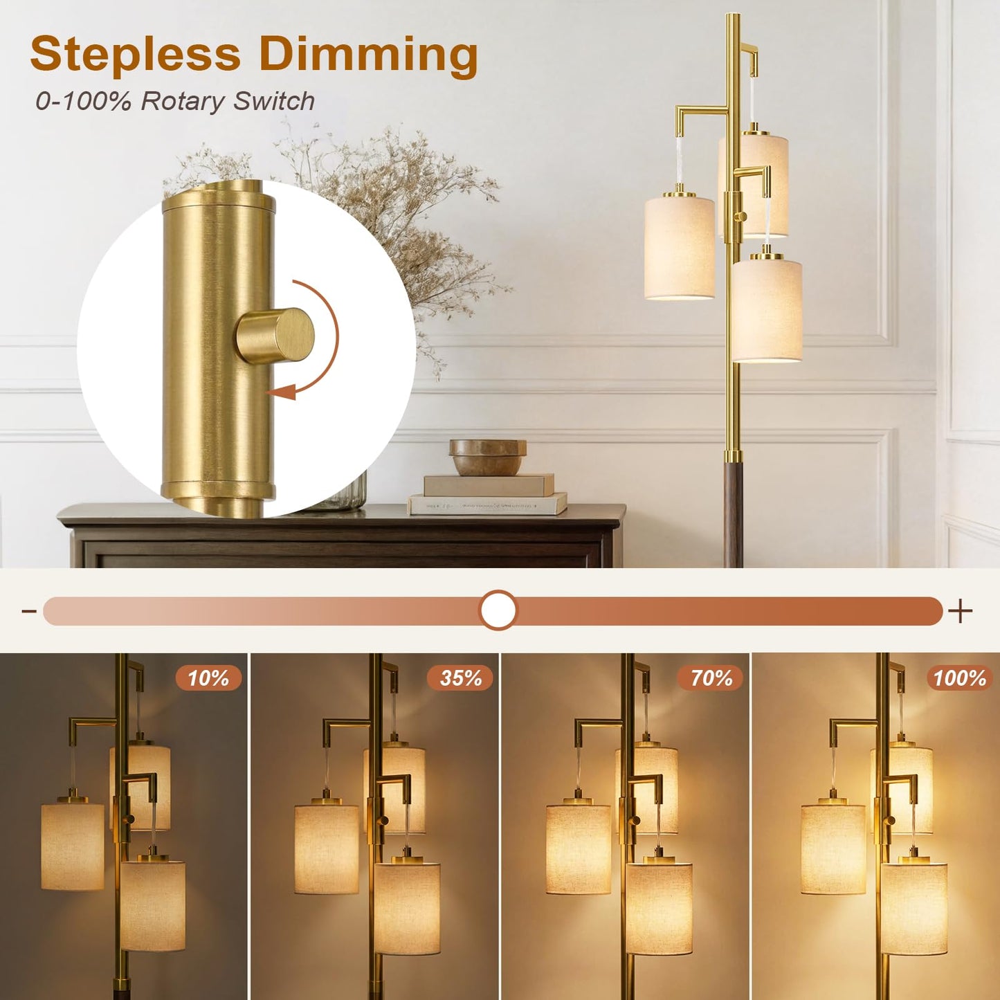 G-SAFAVA 70" Dimmable Floor Lamp Wood Floor Lamps for Living Room Bedroom Mid Century Modern Floor Lamp Gold Standing Lamp Tall Lamps for Office Nursery Reading Elegant Stand Up Lamp, 3 Bulbs Included