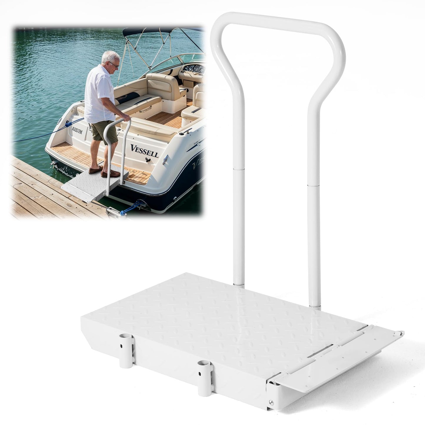 Foldable Boat Boarding Platform with Handrails – 500LB Capacity Heavy-Duty Iron Dock Steps, Anti-Rust Anti-Slip Surface, Dock Extension