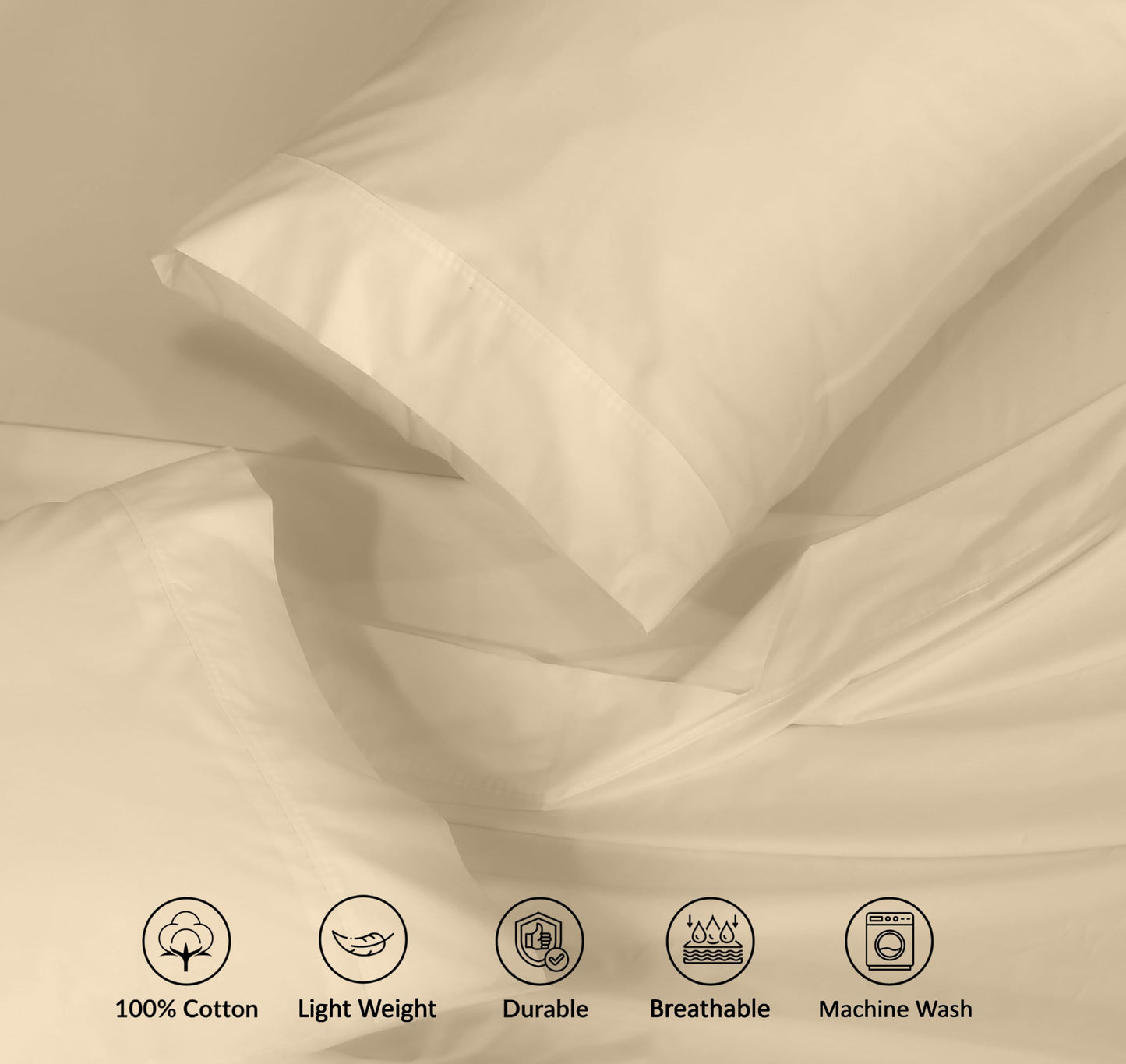 RUVANTI 100% Cotton Percale Sheets Queen Size – Crisp Cooling Bed Sheets for Hot Sleepers, Deep Pocket 16”, Soft Breathable & Durable Hotel-Style 4 Piece Set, Beige