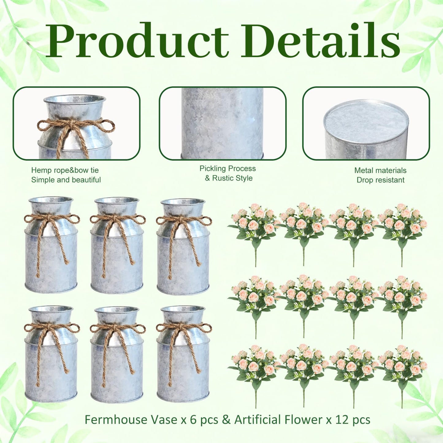 Farmhouse Artificial Rose Flowers with Metal Vase, Set of 6 Fake Rose Arrangements for Table, Faux Bouquets Wedding Centerpiece Decorations, Home Office Flower Decor (Silver Vase & Champaign Roses)