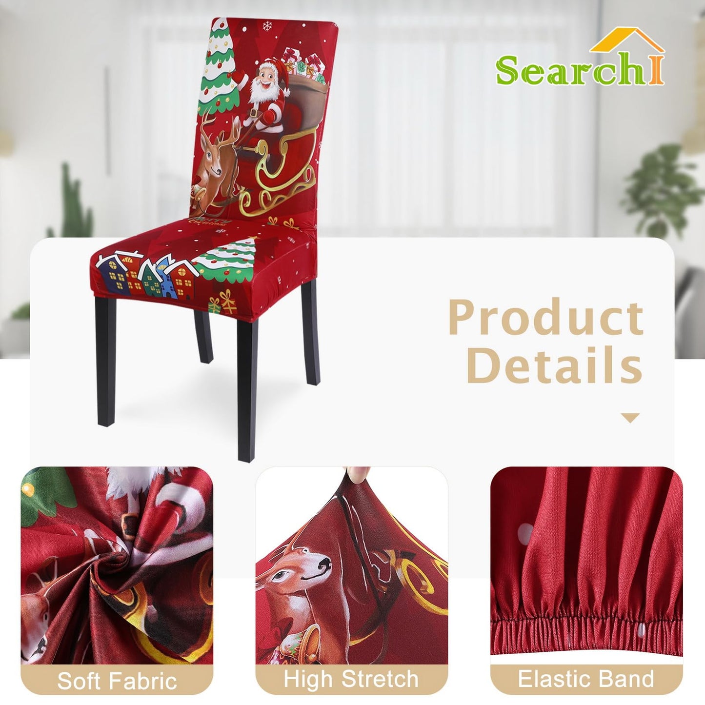SearchI Christmas Chair Covers Set of 4, Stretch Xmas Kitchen Chair Cover Removable Washable Holiday Parsons Chair Slipcovers for Dining Room, Christmas Decoration, Ceremony(Santa Claus+Elk)