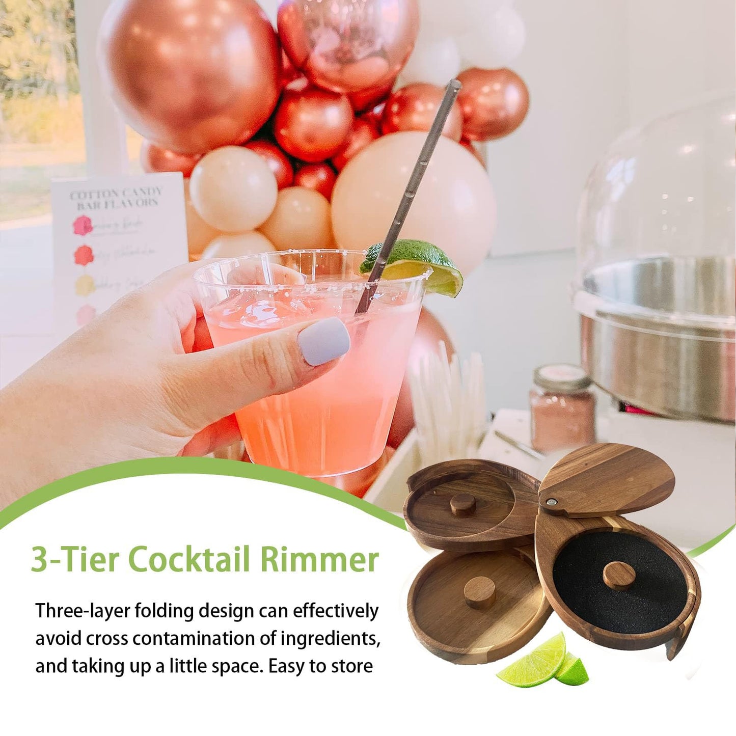 Hfpengzan Margarita Salt Rimmer Set, 3 Tier Bar Glass Rimmer Brown Bamboo Sugar and Salt Rimmer Box with 3 Sponges for Manhattan Drinks Bar Party Accessories Cocktail Bartender Tool