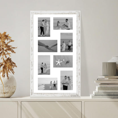 Hongkee 12x22 Picture Frame Set of 2, Distressed White with Glass Collage Frame, Display Eight Opening 4x6 Photos With Mat or 12 x 22 Newspaper Without Mat - Horizontal or Vertical Wall Mounting