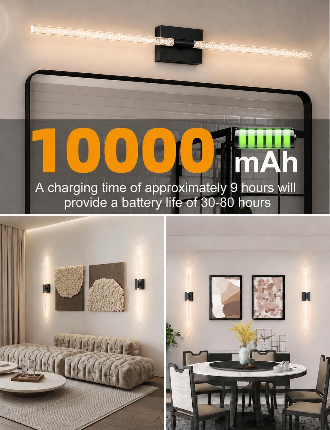 Crystal Bubble Battery Operated Wall Sconces Set of 2: 10000mAh Rechargeable Wall Lights with Remote, 360° Rotate 4CCT Modern Wireless Wall Lighting for Hallway Bathroom Bedroom Living Room Mirror