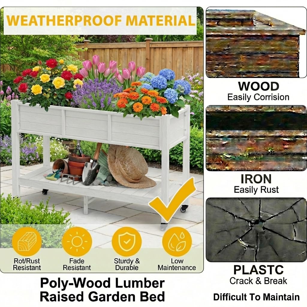 DWVO 47x18x3in Raised Garden Bed HDPE Outdoor with Legs and Lockable Wheels, Weather-Resistant Poly-Wood Elevated Planter Box, Double Tier Planters for Backyard Patio Balcony, White