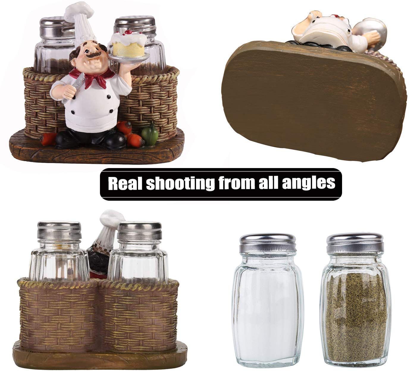 Salt and Pepper Shakers Set,Sitting Chef Decorative Statue Spice Organizer,Glass Spice Jars with Holder Figurine Gift for Family,Kitchen,Restaurant, Cafe,Bakery (Cake)