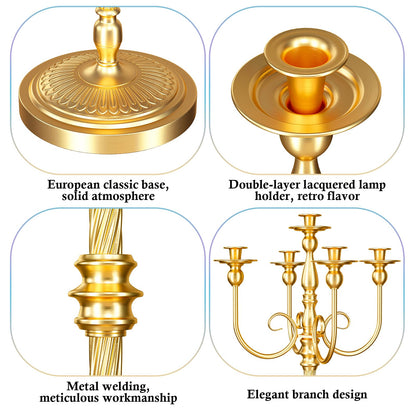 mopam 2 Pcs Floor Candelabra 50 Inch Gold Candelabra Centerpiece 5 Arms Floor Standing Candelabra Gold Candlestick Holder Antique Candle Holder Decorative for Party, Ceremony, Wedding (Line Styling)