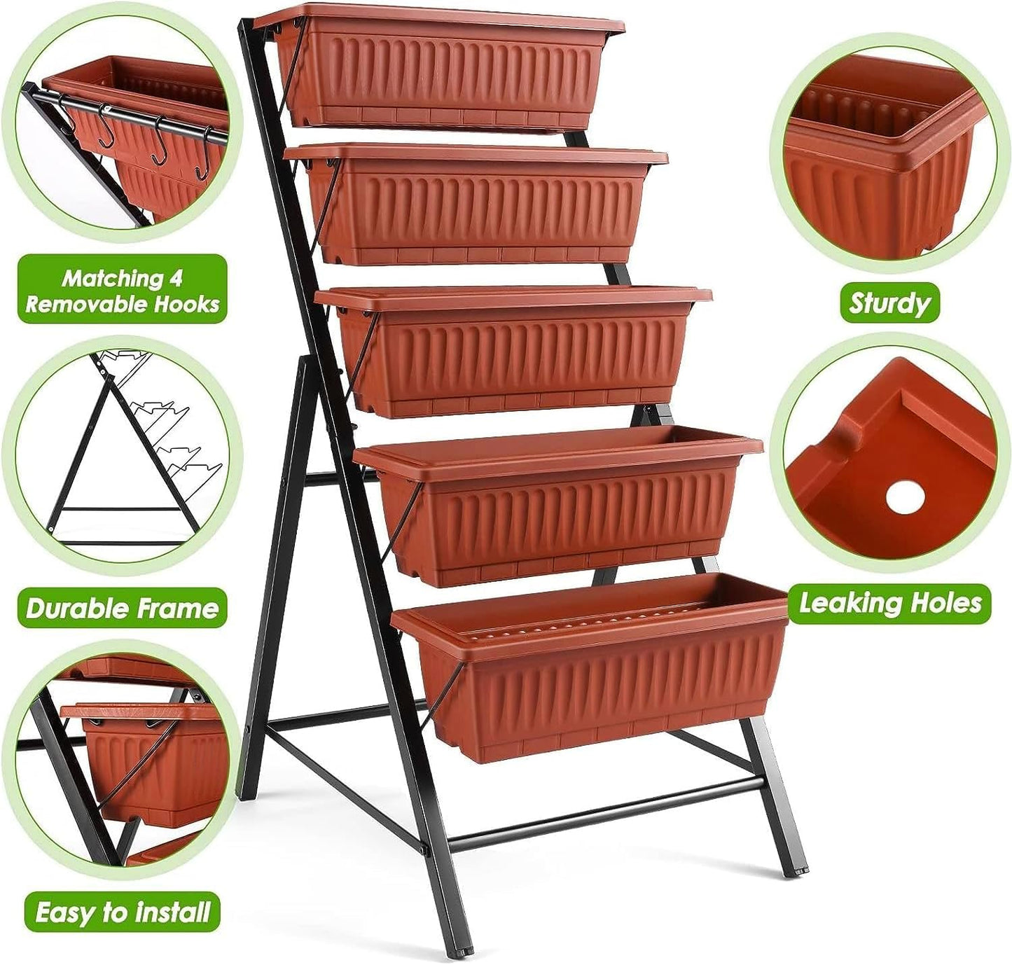 SEJOV 2 Pack Vertical Raised Garden Bed, 5 Tiers Elevated Planter Box for Herbs Vegetables Flowers, Graden Vertical Planter w/Drainage System for Patio Balcony Garden Outdoor Indoor Plants, Dark Red