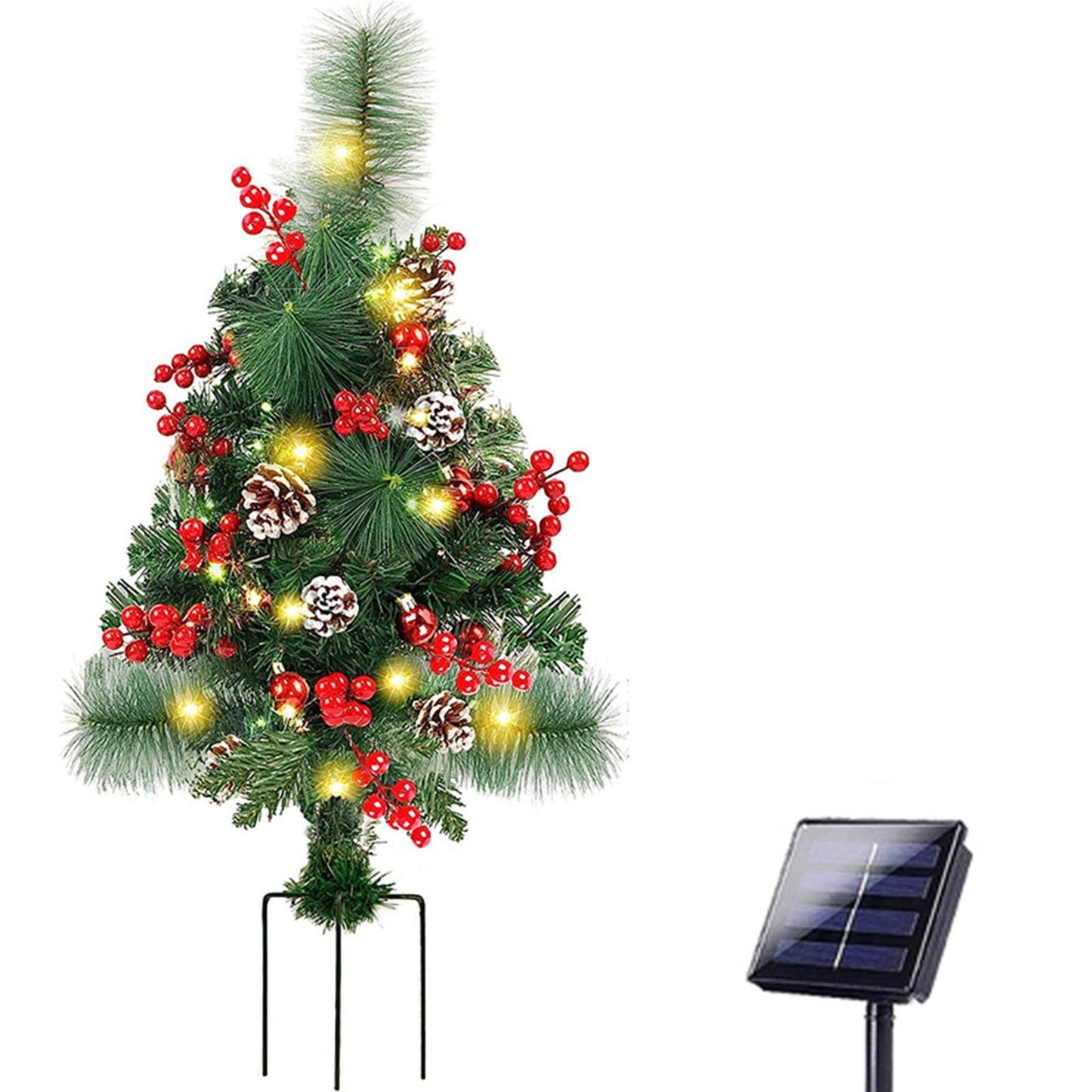 Prelit Artificial Christmas Trees Lights 17.2 Inch Solar Christmas Tree Pathway Lights with Stake Red Berries Pinecones Waterproof Xmas Urn Filler Solar Stake Lights Garden Decor(1Pcs/Solar Powered)