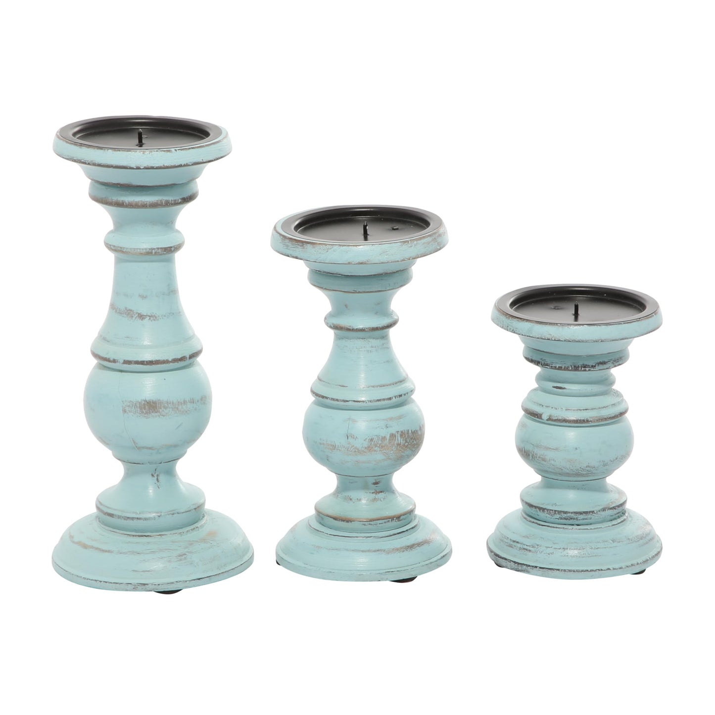 Deco 79 Mango Wood Decorative Candle Holder Distressed Turned Pillar Candle Stand, Set of 3 Candlestick Holder 6", 8", 10"H, Light Blue