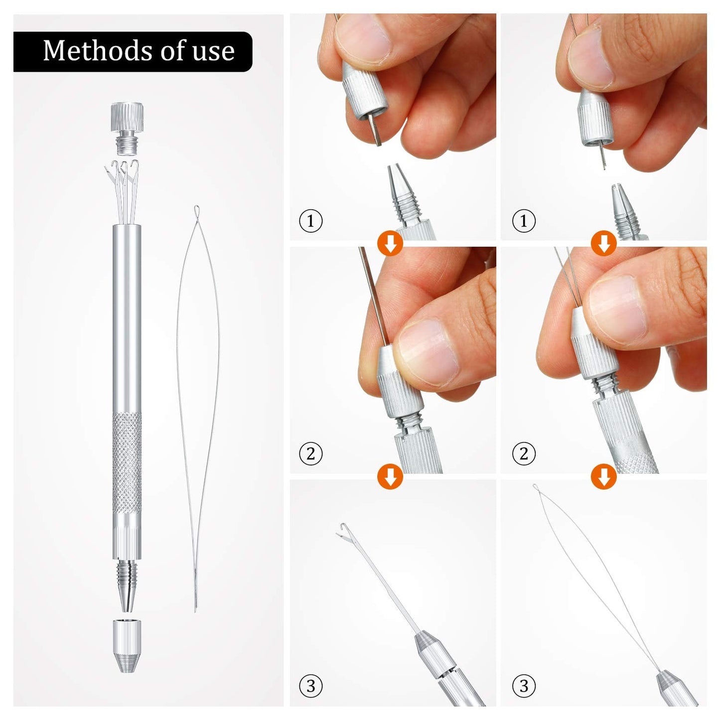 2 Sets 4-in-1 Hair Extension Tools, Includes Loop Needle Threader, Knitting Needles and Holder for Beads Dreadlock Wig Hair Extensions Lace Wig Making, Loop Tools and Hooks