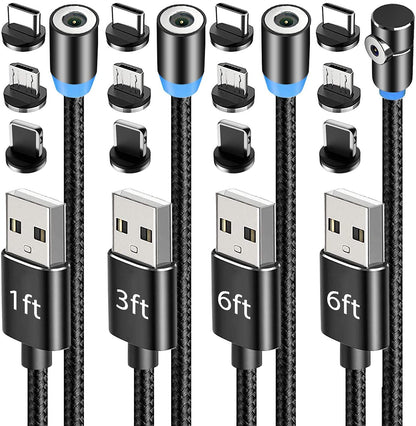 Terasako Magnetic Charging Cable 4-Pack [1ft/3ft/6ft/6ft], 360° Rotating Magnetic Phone Charger Cable with LED Light, 90° Angle Connector, Nylon-Braided Cords