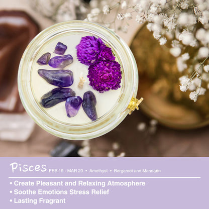 ZINCGE Pisces Zodiac Crystal Candle Gifts for Women, Astrology Spiritual Birthday Gifts Horoscope Natural Soy Bergamot Scented Candle with Dry Flowers and Amethyst Healing Crystals