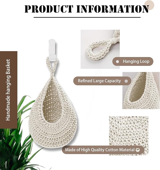 Hanging Fruit Large Basket Set of 3, Boho Wall Hanging Storage Basket