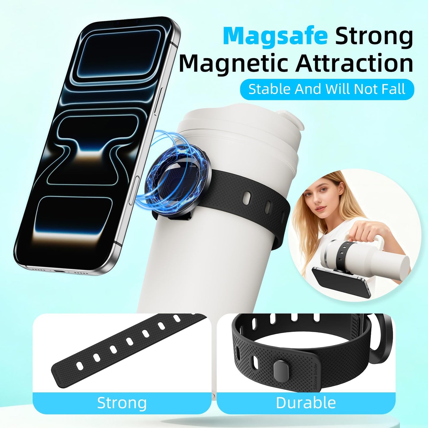 Blissfuhue Water Bottle Magnetic Phone Holder-Upgraded Extra Long Strap,Super Strong Magnet,Adjustable Angle & Strap,Fit Stanley Cup/Owala/YETI,Ideal for Gym/Outdoor/Yoga As Water Bottle Phone Holder